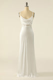 Ivory Sheath Cowl Neck Long Satin Simple Wedding Dress