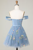Cute Grey Blue A Line Sweetheart Short Homecoming Dress with Embroidery