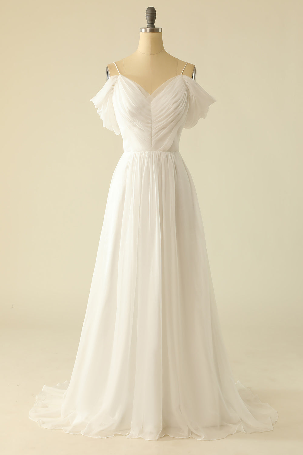 White A Line  Off the Shoulder Tulle Floor-Length Wedding Dress