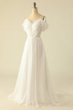 White A Line  Off the Shoulder Tulle Floor-Length Wedding Dress