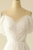 White A Line  Off the Shoulder Tulle Floor-Length Wedding Dress