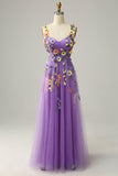 Dark Purple A Line Spaghetti Straps Formal Party Dress With 3D Flowers