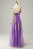 Dark Purple A Line Spaghetti Straps Formal Party Dress With 3D Flowers
