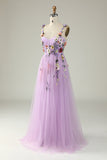 Dark Purple A Line Spaghetti Straps Formal Party Dress With 3D Flowers