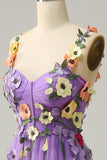 Dark Purple A Line Spaghetti Straps Formal Party Dress With 3D Flowers