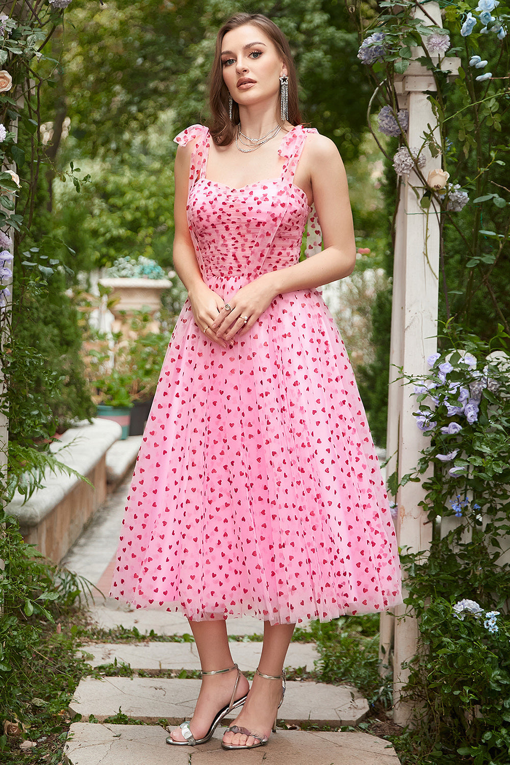 Wedtrend Women Prom Dress Pink A-line Square Neck Tulle Midi Bridesmaid Dress with Hearts, Pink / US4