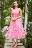 Pink A-line Square Neck Tulle Midi Dress with Hearts