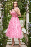 Pink A-line Square Neck Tulle Midi Dress with Hearts