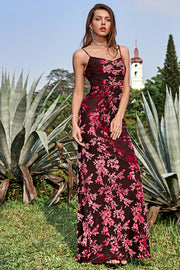 Sheath Spaghetti Straps Printed Velvet Burgundy Bridesmaid Dress with Silt