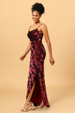 Burgundy Mermaid Spaghetti Straps Burnout Velvet Bridesmaid Dress With Slit