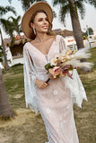 Ivory Mermaid V-Neck Sweep Train Cape Sleeves Lace Boho Wedding Dress