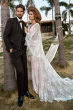 Ivory Mermaid V-Neck Sweep Train Cape Sleeves Lace Boho Wedding Dress