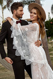 Ivory Mermaid V-Neck Sweep Train Cape Sleeves Lace Boho Wedding Dress