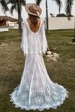 Ivory Mermaid V-Neck Sweep Train Cape Sleeves Lace Boho Wedding Dress