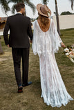 Ivory Mermaid V-Neck Sweep Train Cape Sleeves Lace Boho Wedding Dress