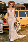 Ivory Mermaid Lace Long Boho Wedding Dress With Sweep Train