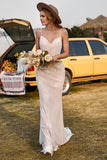 Ivory Mermaid Lace Long Boho Wedding Dress With Sweep Train