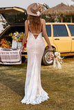 Ivory Mermaid Lace Long Boho Wedding Dress With Sweep Train