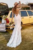Ivory Mermaid Lace Long Boho Wedding Dress With Sweep Train