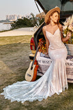 Ivory Mermaid Lace Long Boho Wedding Dress With Sweep Train