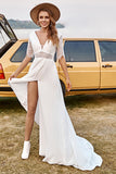 Ivory A-Line V-Neck Sweep Train Half Sleeves Lace Chiffon Boho Wedding Dress