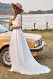 Ivory A-Line V-Neck Sweep Train Half Sleeves Lace Chiffon Boho Wedding Dress