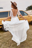 Ivory A-Line V-Neck Sweep Train Half Sleeves Lace Chiffon Boho Wedding Dress