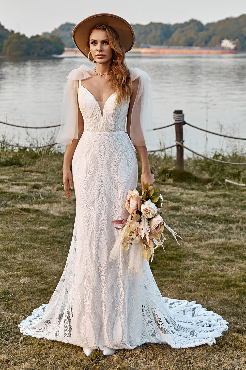 Wedtrend Women Boho Wedding Dress Ivory Mermaid Lace Sweep Train Beach Bridal Dress With Bowknots WEDTREND Wedtrend Women Boho Wedding Dress Ivory Mermaid Lace Sweep Train Beach Bridal Dress With Bowknots WEDTREND