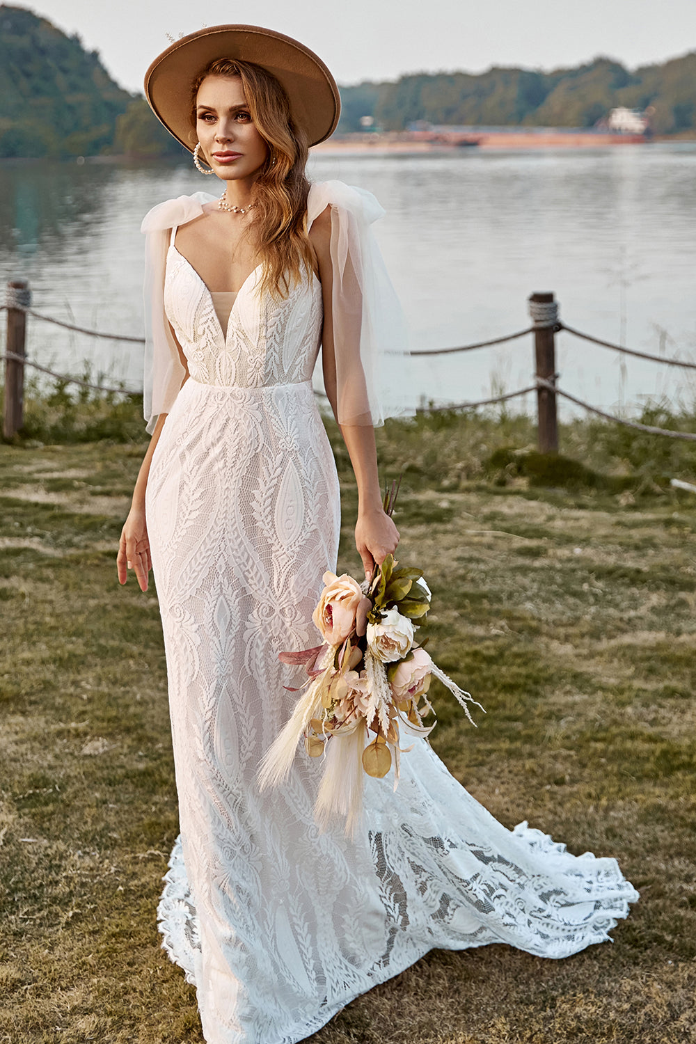 Wedtrend Women Boho Wedding Dress Ivory Mermaid Lace Sweep Train Beach Bridal Dress With Bowknots WEDTREND Wedtrend Women Boho Wedding Dress Ivory Mermaid Lace Sweep Train Beach Bridal Dress With Bowknots WEDTREND