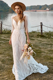 Ivory Mermaid Sweep Train Lace Boho Wedding Dress With Bowknots