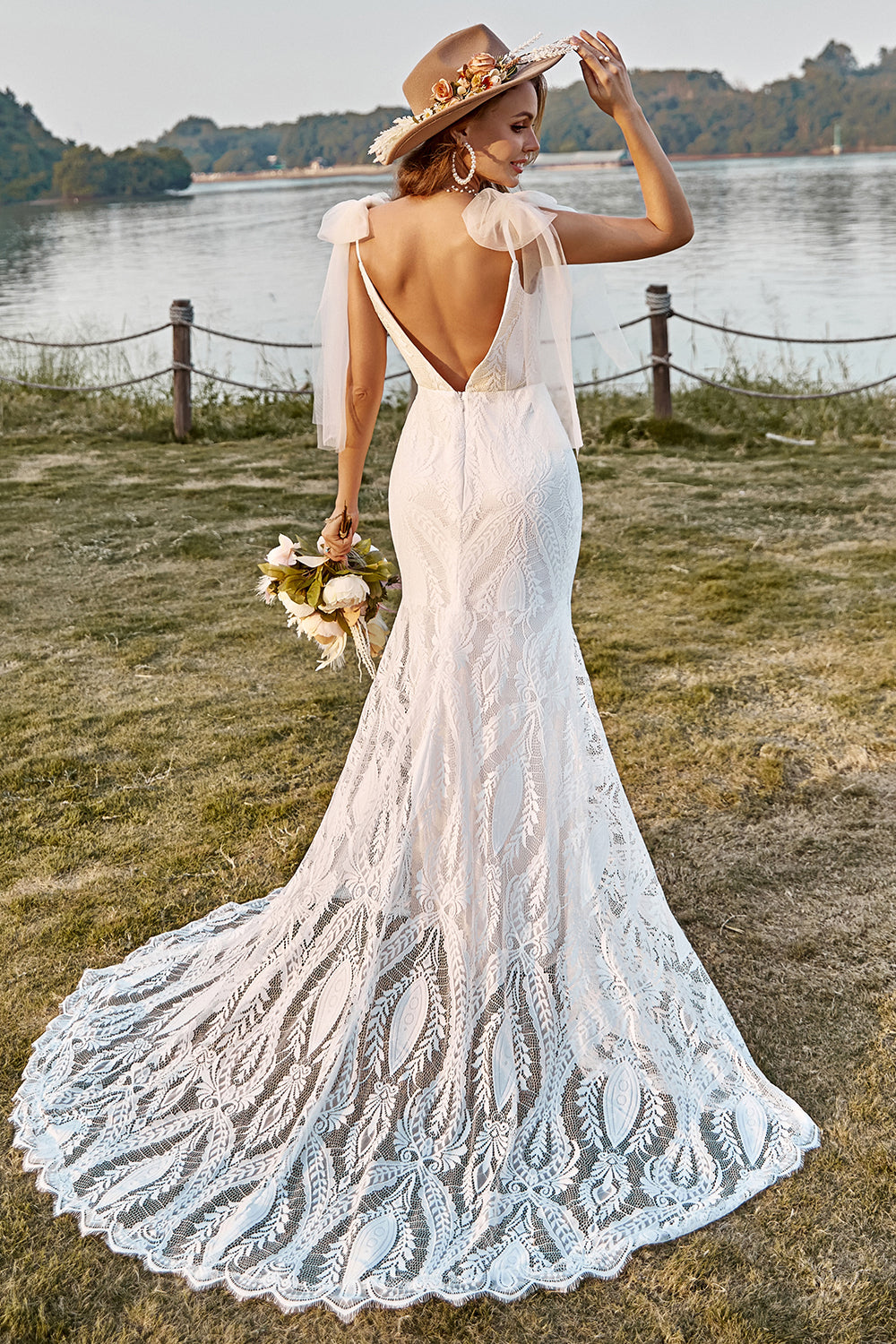 Wedtrend Women Boho Wedding Dress Ivory Mermaid Lace Sweep Train Beach Bridal Dress With Bowknots WEDTREND Wedtrend Women Boho Wedding Dress Ivory Mermaid Lace Sweep Train Beach Bridal Dress With Bowknots WEDTREND