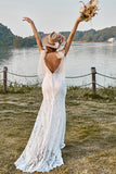 Ivory Mermaid Sweep Train Lace Boho Wedding Dress With Bowknots