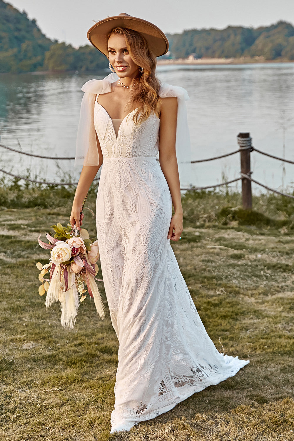 Wedtrend Women Boho Wedding Dress Ivory Mermaid Lace Sweep Train Beach Bridal Dress With Bowknots WEDTREND Wedtrend Women Boho Wedding Dress Ivory Mermaid Lace Sweep Train Beach Bridal Dress With Bowknots WEDTREND