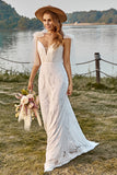 Ivory Mermaid Sweep Train Lace Boho Wedding Dress With Bowknots