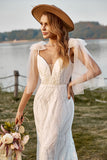 Ivory Mermaid Sweep Train Lace Boho Wedding Dress With Bowknots