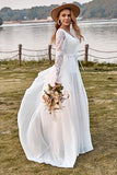 Ivory A-Line Trumpet V-Neck Sweep Train Lace Chiffon Boho Wedding Dress