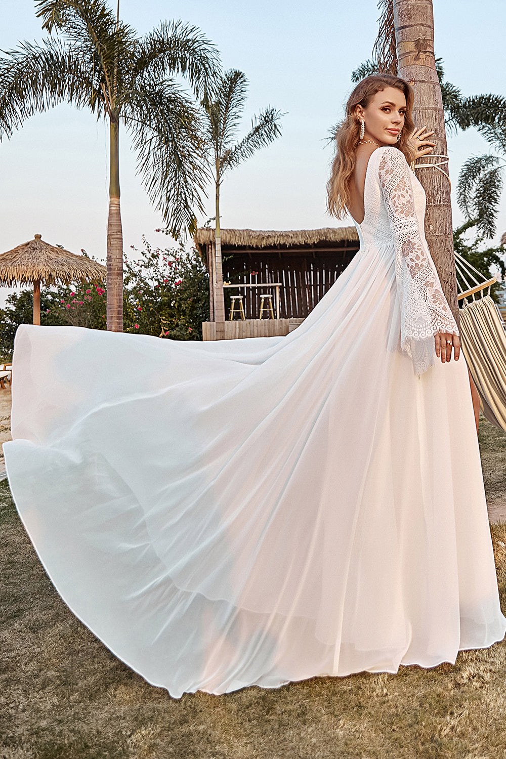 Wedtrend Women Boho Wedding Dress Ivory Lace Chiffon Trumpet Sleeve Beach Bridal Dress WEDTREND Wedtrend Women Boho Wedding Dress Ivory Lace Chiffon Trumpet Sleeve Beach Bridal Dress WEDTREND