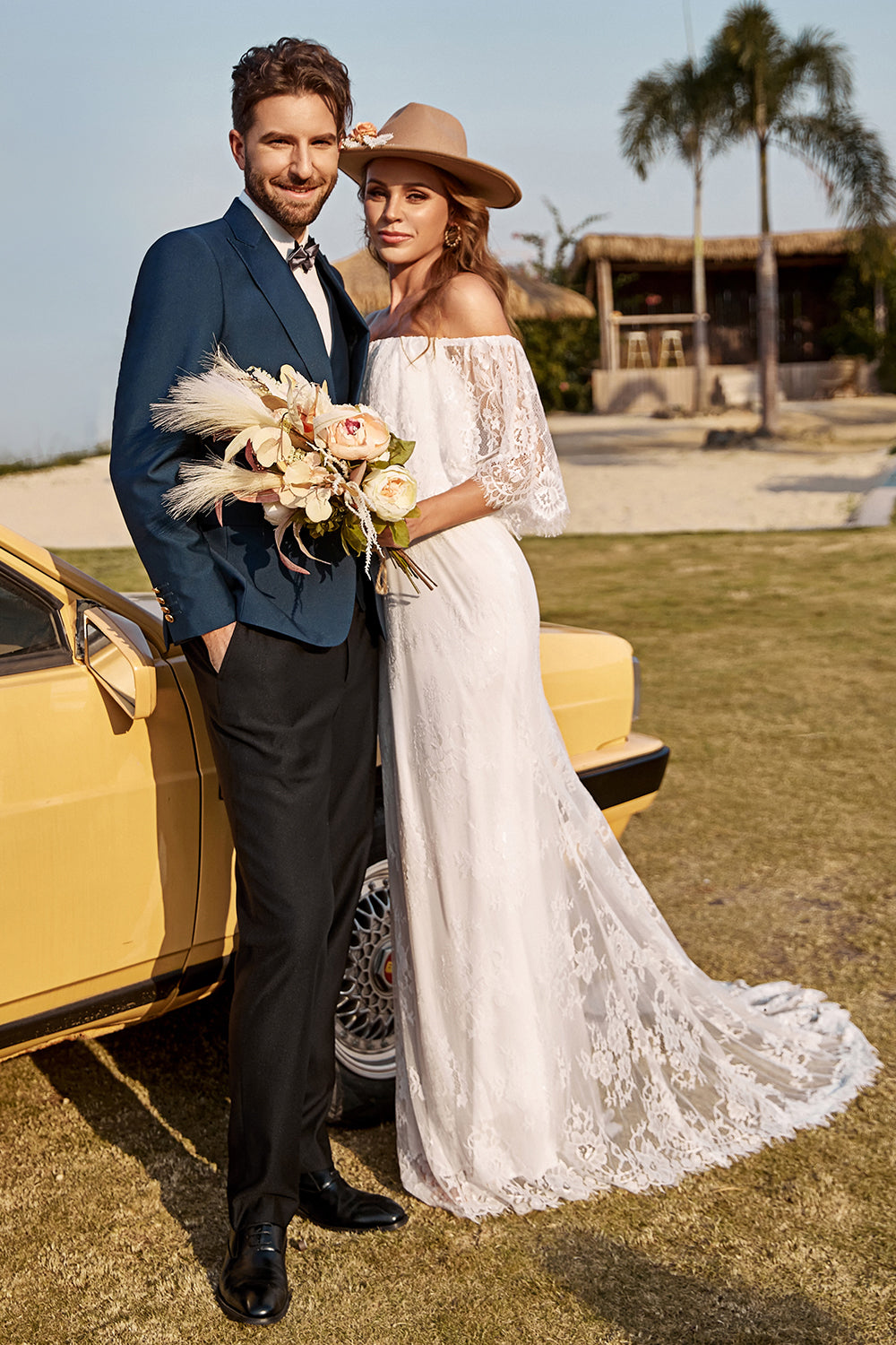 Wedtrend Women Boho Wedding Dress Ivory Mermaid Off The Shoulder Lace Beach Bridal Dress With Sweep Train WEDTREND Wedtrend Women Boho Wedding Dress Ivory Mermaid Off The Shoulder Lace Beach Bridal Dress With Sweep Train WEDTREND
