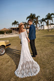 Ivory Mermaid Off The Shoulder Lace Boho Wedding Dress With Sweep Train