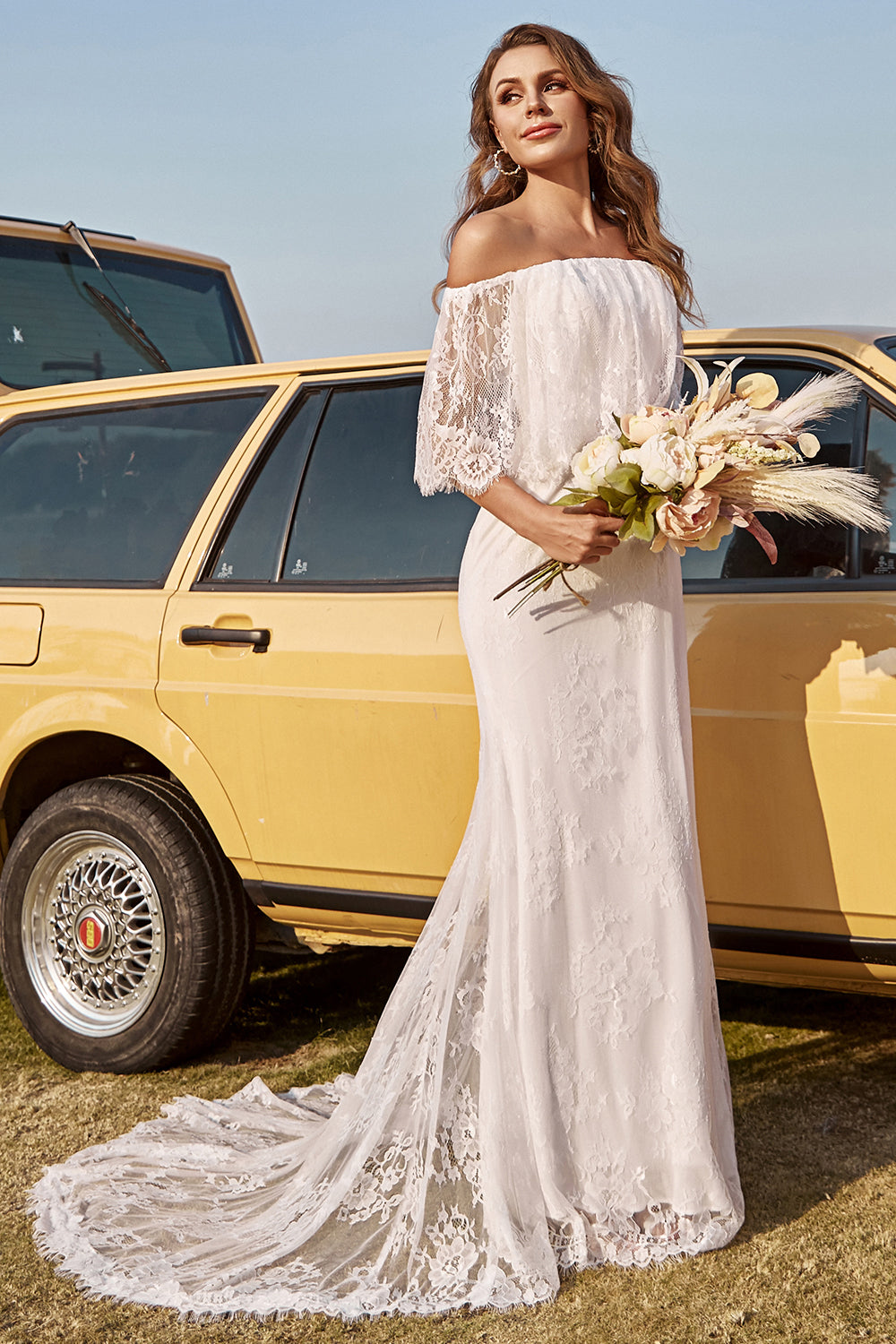 Wedtrend Women Boho Wedding Dress Ivory Mermaid Off The Shoulder Lace Beach Bridal Dress With Sweep Train WEDTREND Wedtrend Women Boho Wedding Dress Ivory Mermaid Off The Shoulder Lace Beach Bridal Dress With Sweep Train WEDTREND