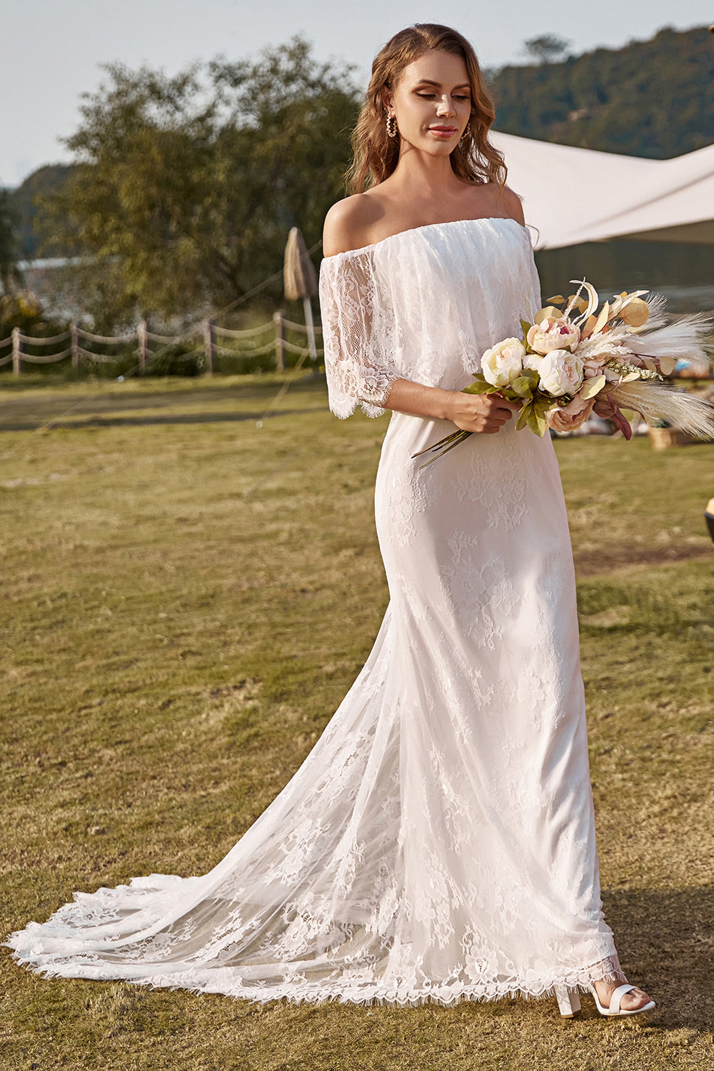 Wedtrend Women Boho Wedding Dress Ivory Mermaid Off The Shoulder Lace Beach Bridal Dress With Sweep Train WEDTREND Wedtrend Women Boho Wedding Dress Ivory Mermaid Off The Shoulder Lace Beach Bridal Dress With Sweep Train WEDTREND