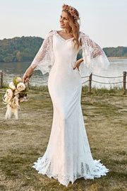 Ivory Mermaid V-Neck Sweep Train Cold Shoulder Lace Boho Wedding Dress