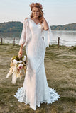 Ivory Mermaid V-Neck Sweep Train Cold Shoulder Lace Boho Wedding Dress