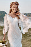 Ivory Mermaid V-Neck Sweep Train Cold Shoulder Lace Boho Wedding Dress