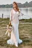 Ivory Mermaid V-Neck Sweep Train Cold Shoulder Lace Boho Wedding Dress