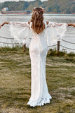 Ivory Mermaid V-Neck Sweep Train Cold Shoulder Lace Boho Wedding Dress