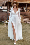 Ivory Deep V-Neck Lace Chiffon Boho Wedding Dress With Long Sleeves