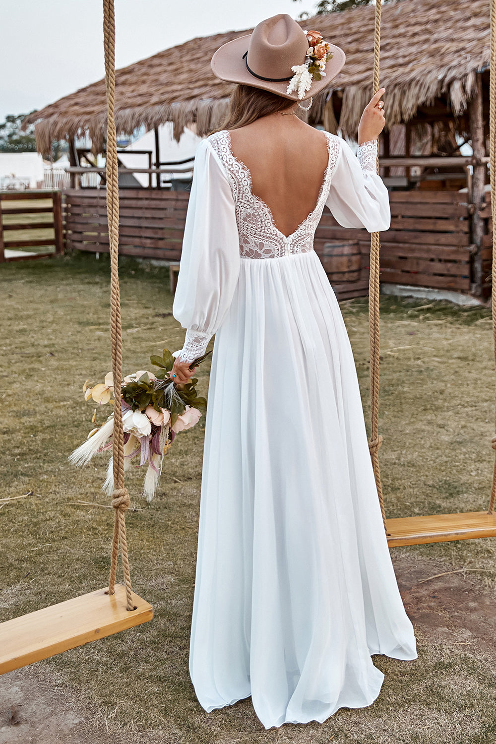 Wedtrend Women Boho Wedding Dress Ivory Lace Chiffon V-Neck Long Sleeve Bridal Dress WEDTREND Wedtrend Women Boho Wedding Dress Ivory Lace Chiffon V-Neck Long Sleeve Bridal Dress WEDTREND