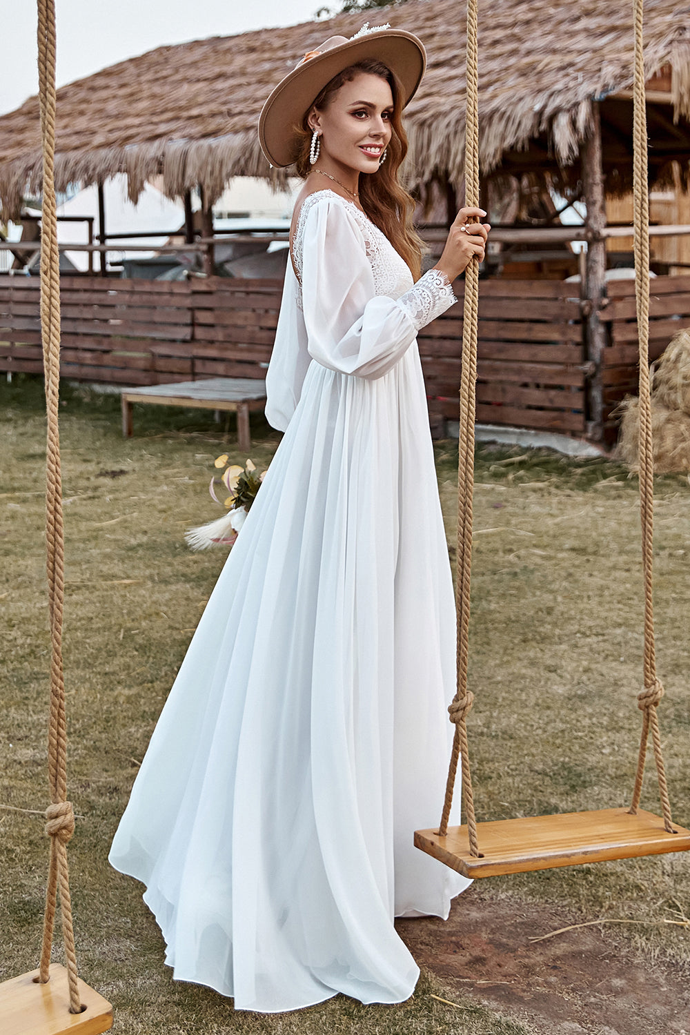 Wedtrend Women Boho Wedding Dress Ivory Lace Chiffon V-Neck Long Sleeve Bridal Dress, Ivory / US8 Wedtrend Women Boho Wedding Dress Ivory Lace Chiffon V-Neck Long Sleeve Bridal Dress, Ivory / US8