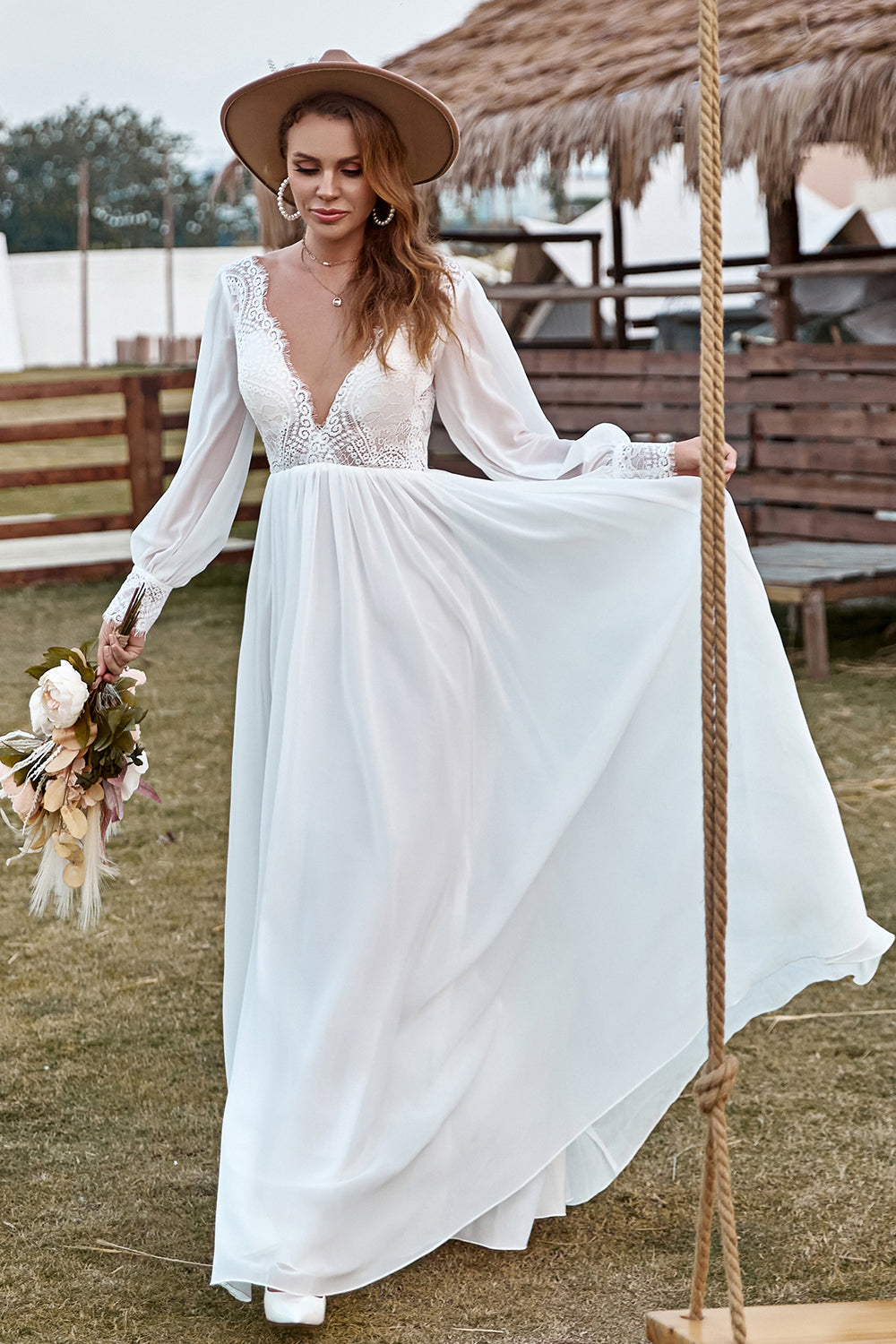 Ivory Deep V-Neck Lace Chiffon Boho Wedding Dress With Long Sleeves